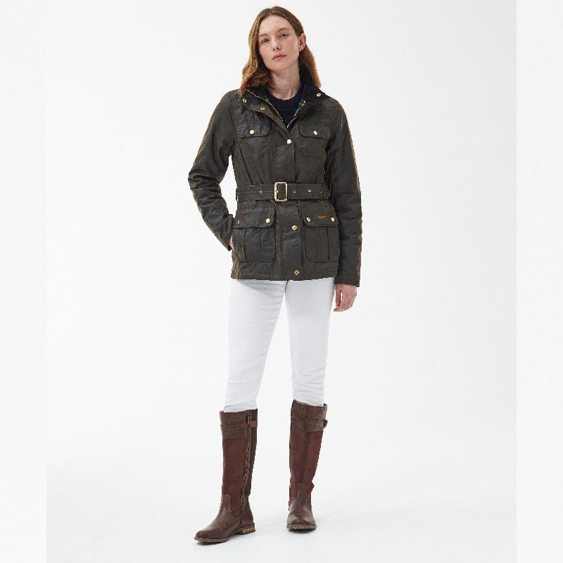 Barbour Winter Belted Utility Ladies Wax Jacket - Olive/Classic Tartan