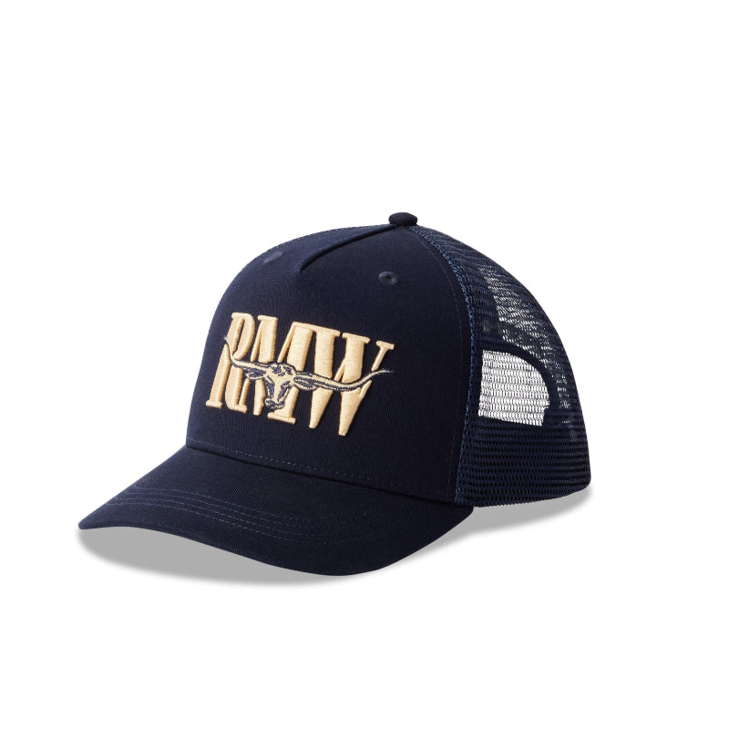 Navy blue cap with gold logo on a white background