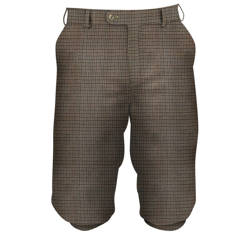 A pair of men's tweed plus fours with two front side and two buttoned back pockets. The trousers have hook and loop adjustable leg fasteners and are displayed against a plain background.