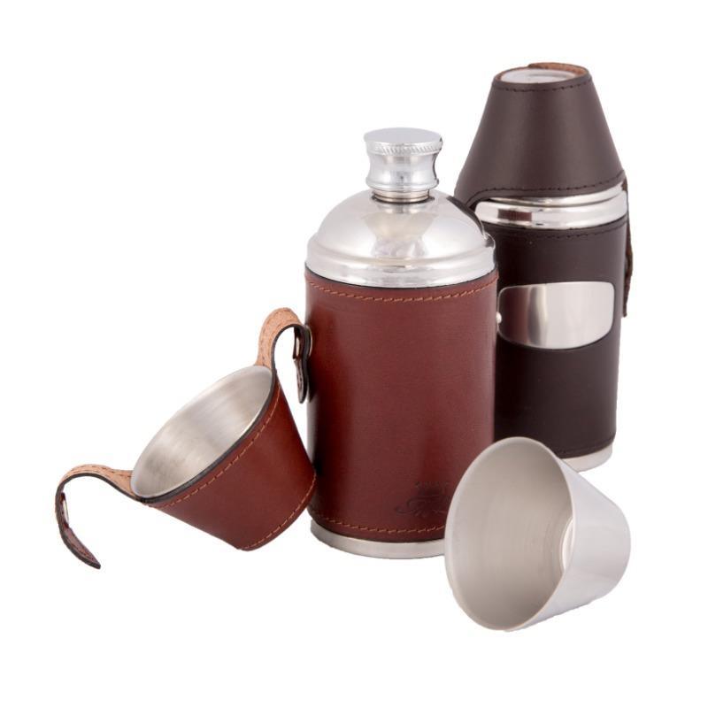 William Powell Premier Leather Hunter's Flask with 2 Cups - Papaya