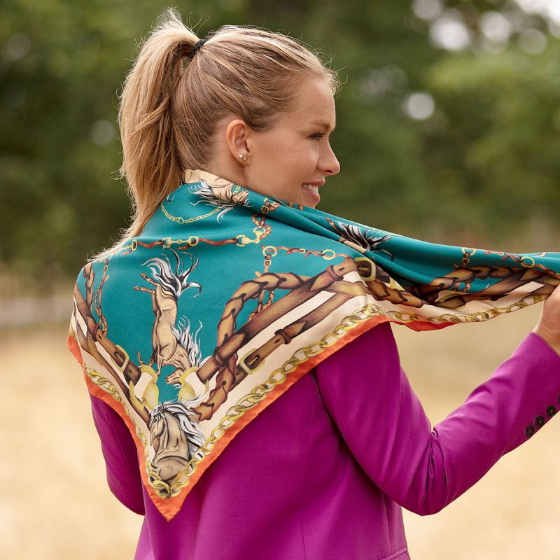 Clare Haggas Rearing To Go Large Silk Scarf - Teal & Rust