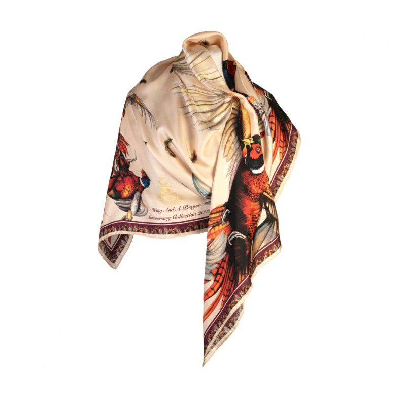 Clare Haggas Wing and a Prayer (5th Anniversary Collection) Large Silk Scarf - Champagne & Mulberry