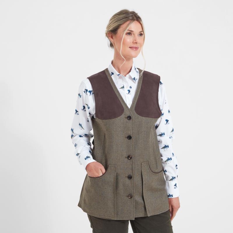 Schoffel Ladies Tweed Shooting Vest - Loden Green Herringbone Tweed