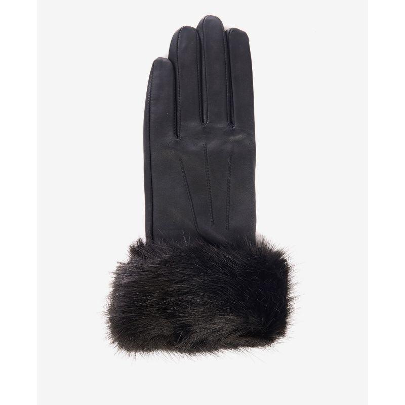 Barbour Fur Trimmed Ladies Leather Gloves - Black - William Powell