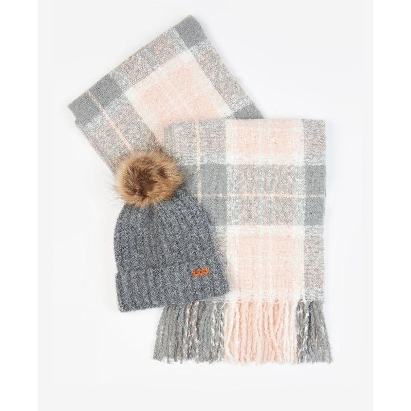 Barbour Saltburn Ladies Beanie & Tartan Scarf Set - Grey Rose - William Powell