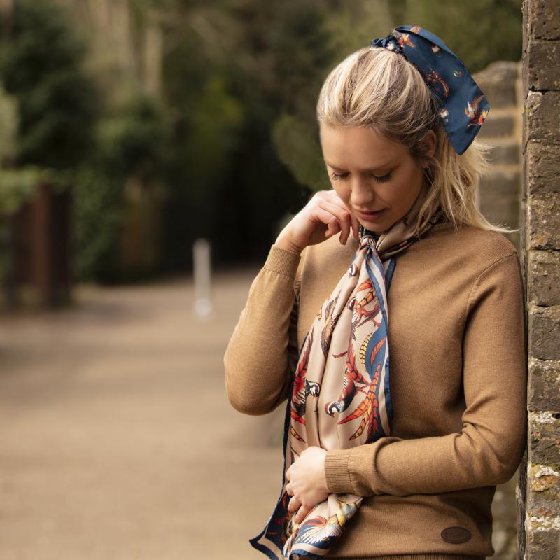 Clare Haggas Best In Show Classic Twill Silk Scarf - Toffee & Navy - William Powell