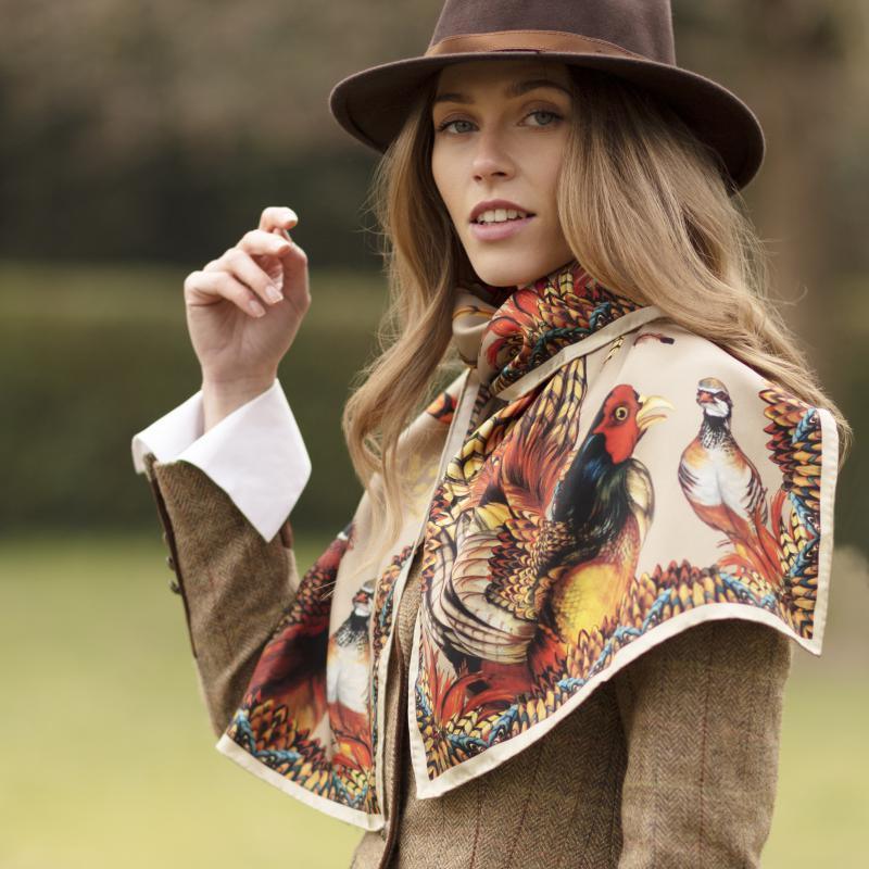 Clare Haggas Heads or Tails Classic Twill Silk Scarf - Toffee & Gold - William Powell