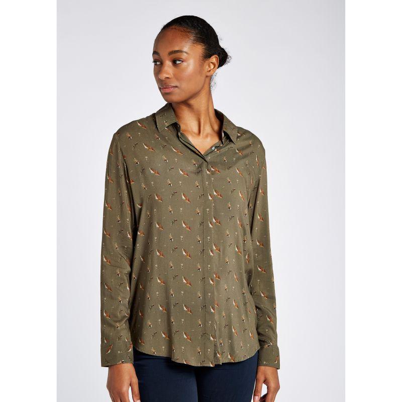 Dubarry Orchard Feather Print Ladies Viscose Shirt - Dusky Green - William Powell