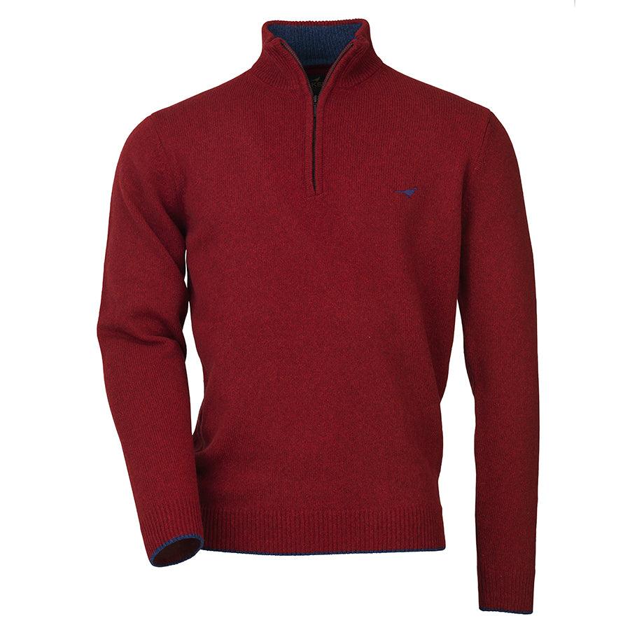 Laksen Brompton Zip Neck Lambswool Mens Jumper - Wine - William Powell