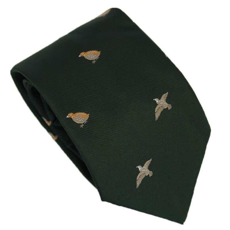 Polyester Tie Flying Partridge & Grouse. Green - William Powell