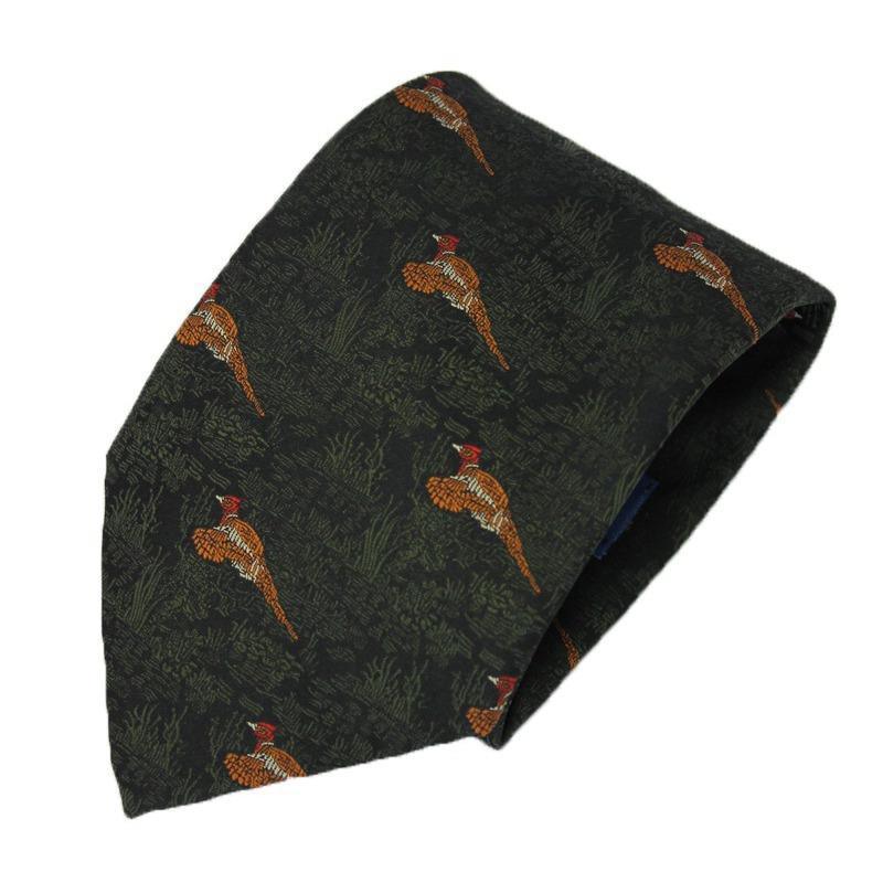 Polyester Tie Flying Pheasants Woodland Scene. Green - William Powell