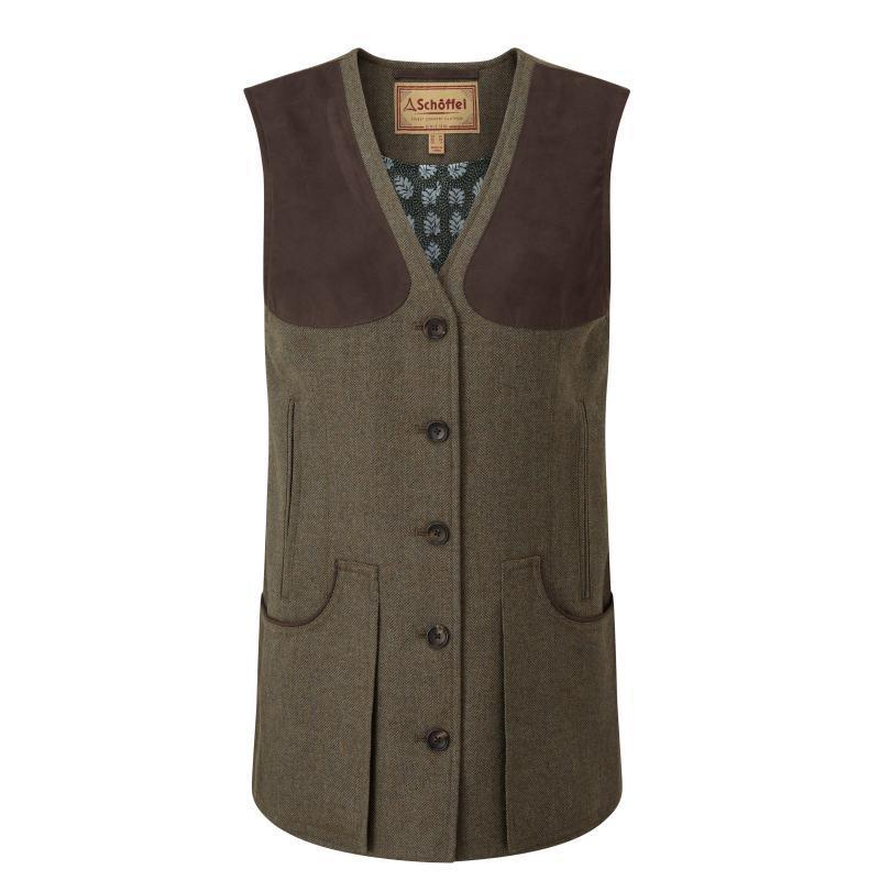Schoffel Ladies Tweed Shooting Vest - Loden Green Herringbone Tweed - William Powell