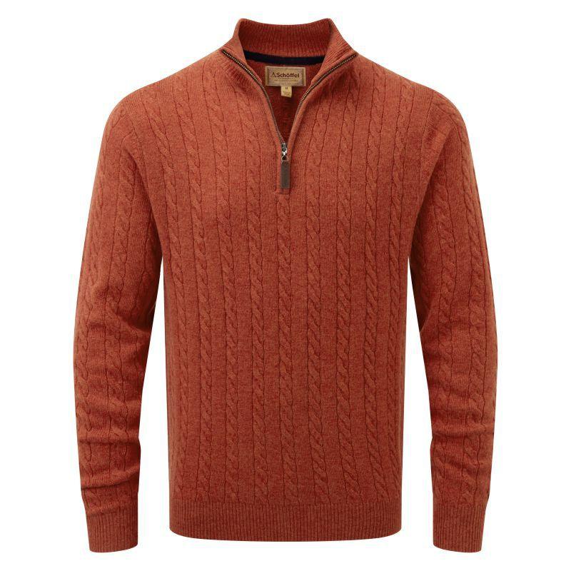 Schoffel Tain Cable Lambswool 1/4 Zip Neck Mens Jumper - Rust - William Powell
