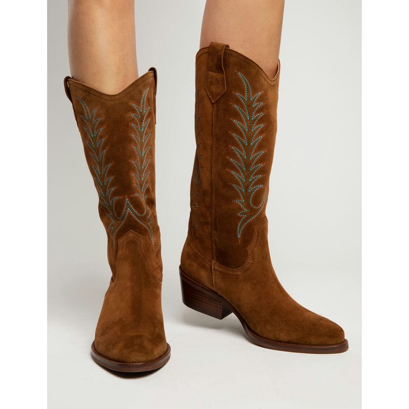 Penelope Chilvers Goldie Embroidered Suede Ladies Cowboy Boot - Peat