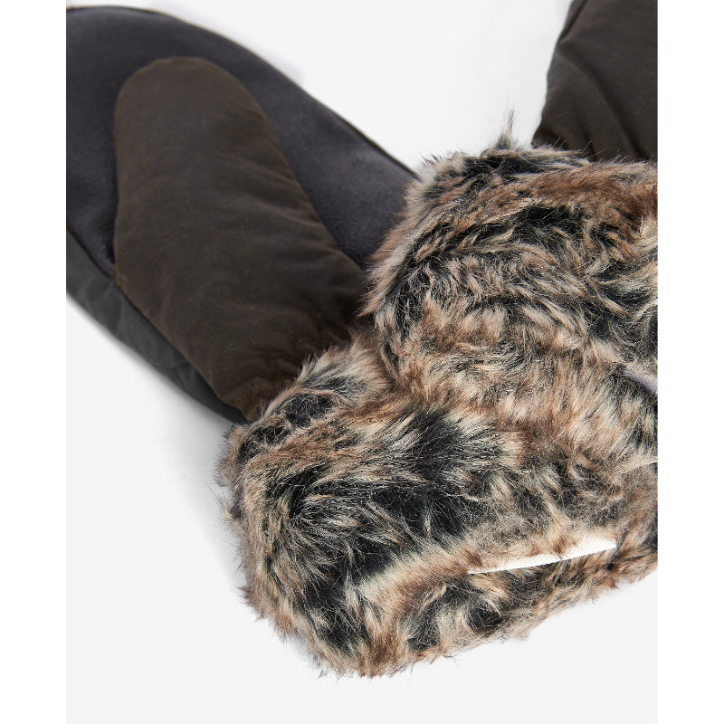 Barbour Wax Mittens with Fur Trim Olive