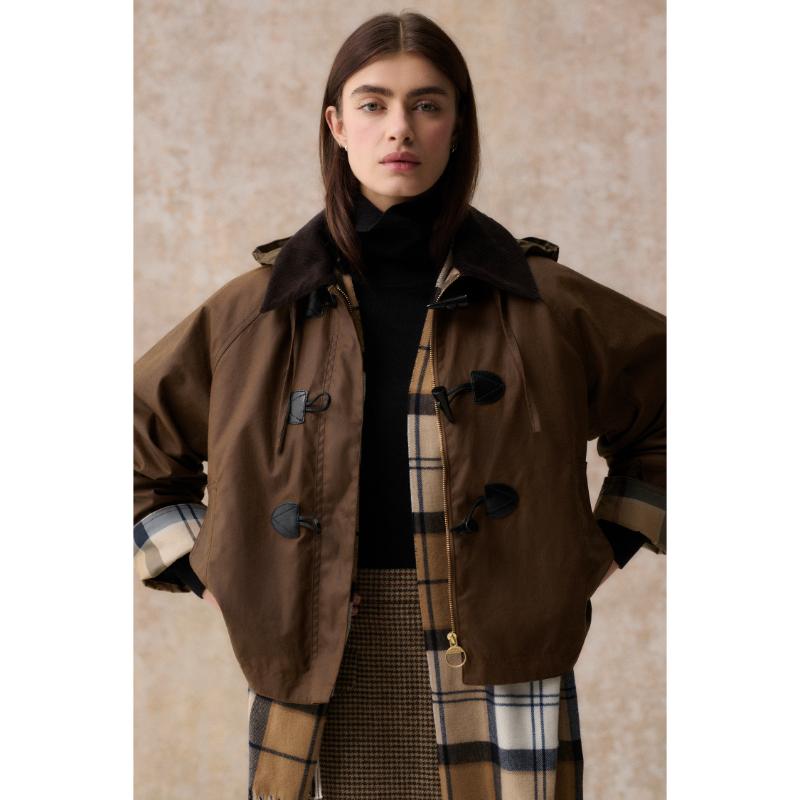 Barbour Myra Ladies Wax Duffle Jacket - Bark/Hessian Tartan
