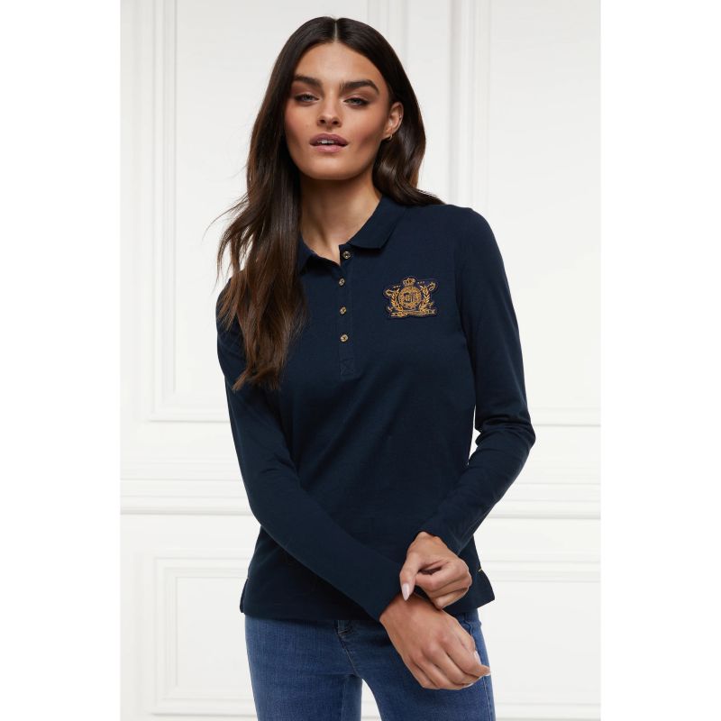 Holland Cooper Long Sleeve Crest Ladies Polo Shirt - Ink Navy