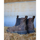 A pair of Ariat dark brown leather Chelsea boots resting on a bed of straw hay with a rustic wooden wall in the background.