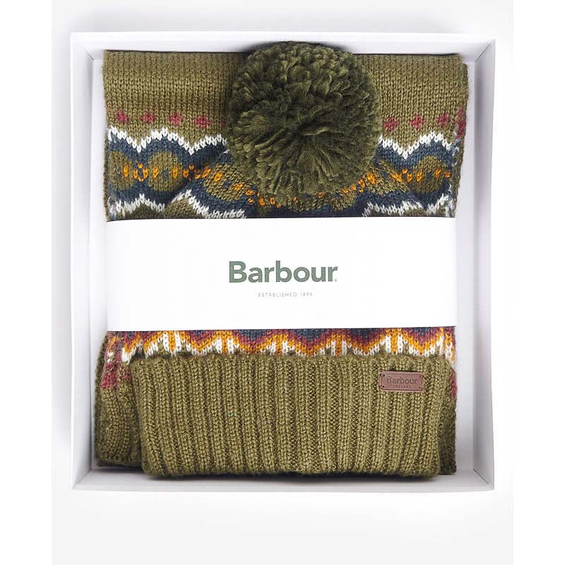 Barbour Fairisle Beanie & Scarf Gift Set - Olive