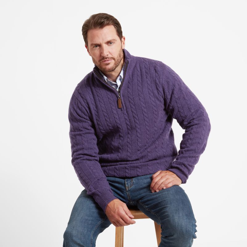 Schoffel Tain Cable Lambswool 1/4 Zip Neck Mens Jumper - Bramble
