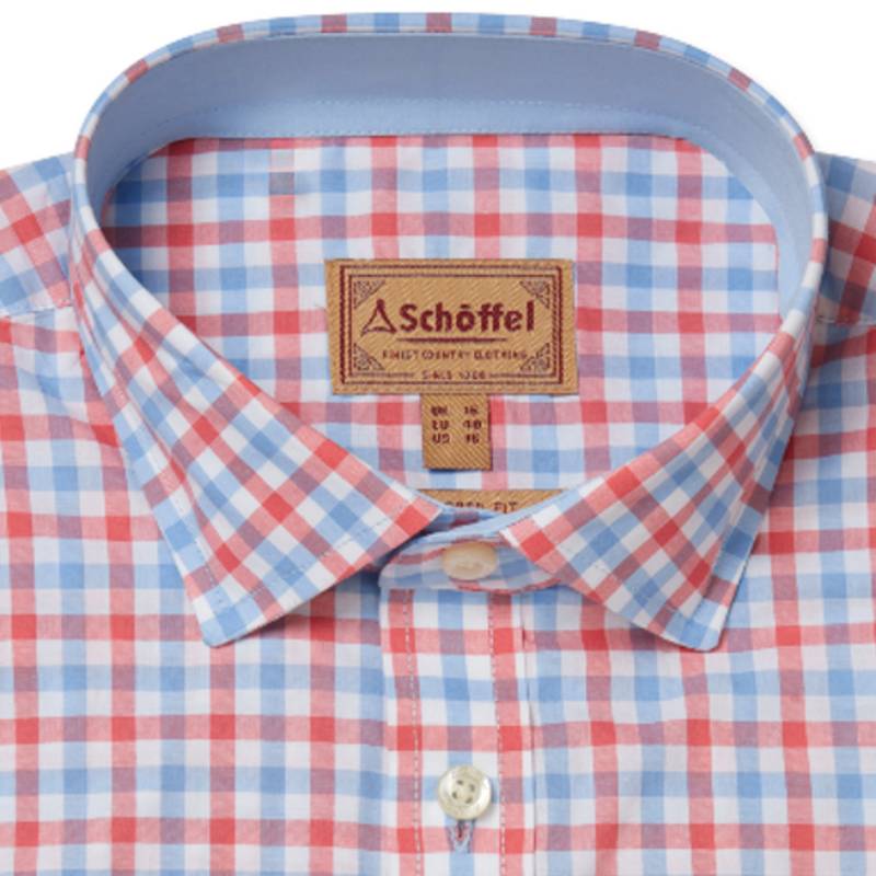 Schoffel Hebden Tailored Fit Mens Shirt - Sun Coral/Sky Blue Check