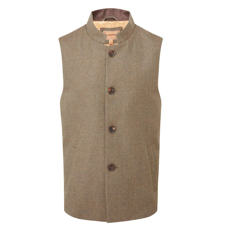 Schoffel Berwick Nehru Mens Tweed Waistcoat - Loden Green Herringbone Tweed