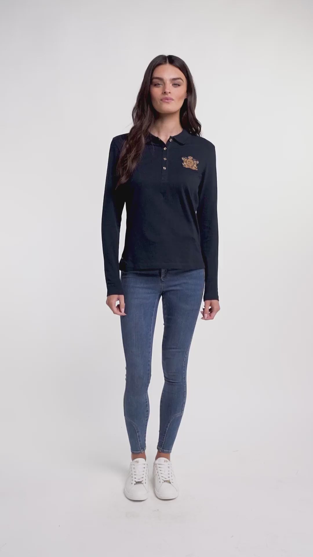 Holland Cooper Long Sleeve Crest Ladies Polo Shirt - Ink Navy