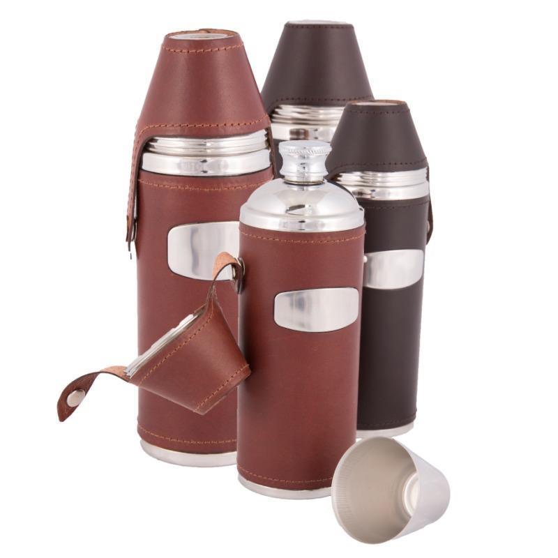 William Powell Leather Hunter's Flask with 4 Cups - Papaya
