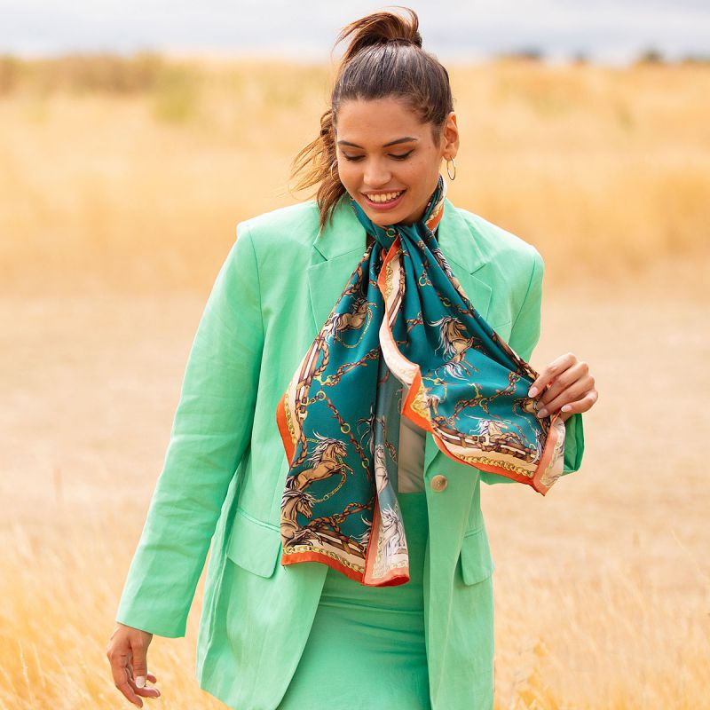 Clare Haggas Rearing To Go Classic Silk Scarf - Teal & Rust