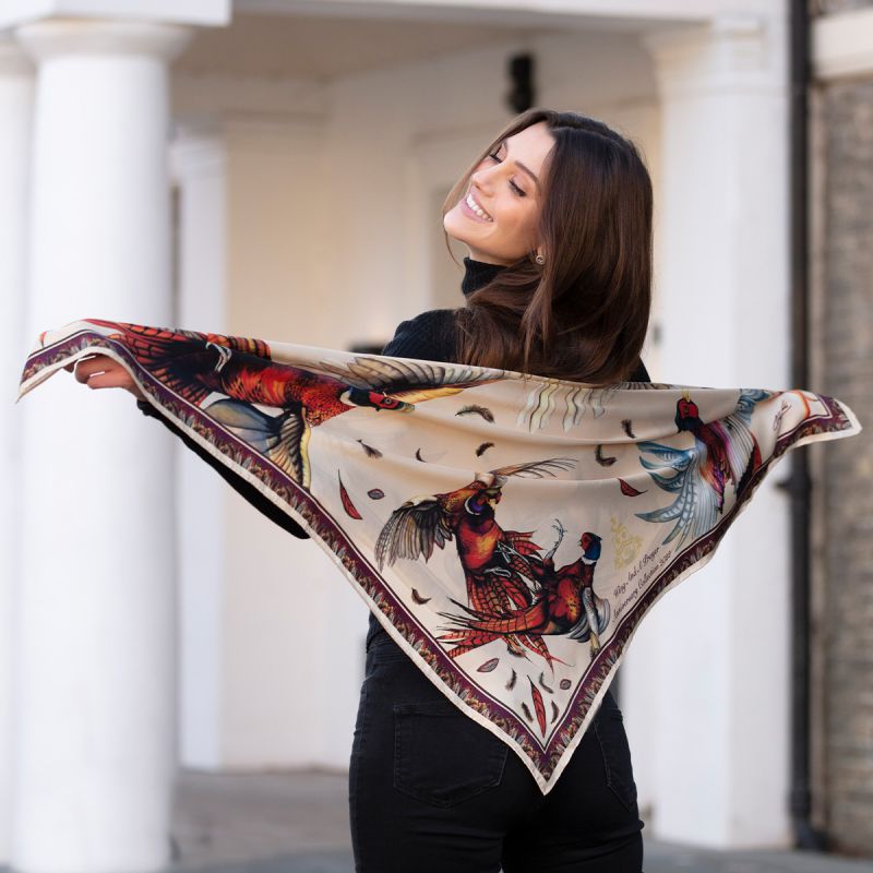 Clare Haggas Wing and a Prayer (5th Anniversary Collection) Large Silk Scarf - Champagne & Mulberry