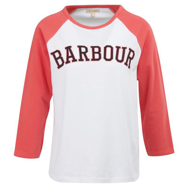 Barbour Northumberland Ladies Long Sleeve T-Shirt - White/Pink Punch
