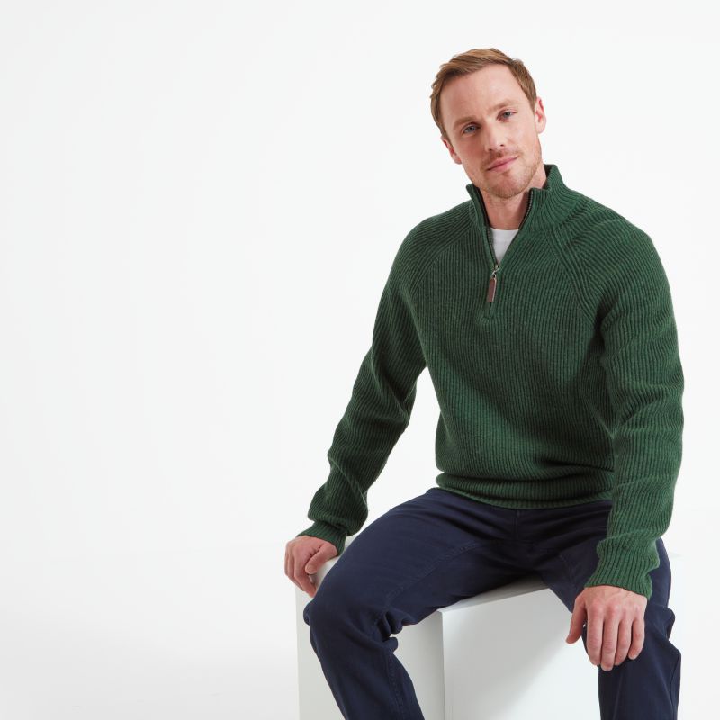 Schoffel Forres Ribbed Lambswool 1/4 Zip Neck Mens Jumper - Evergreen