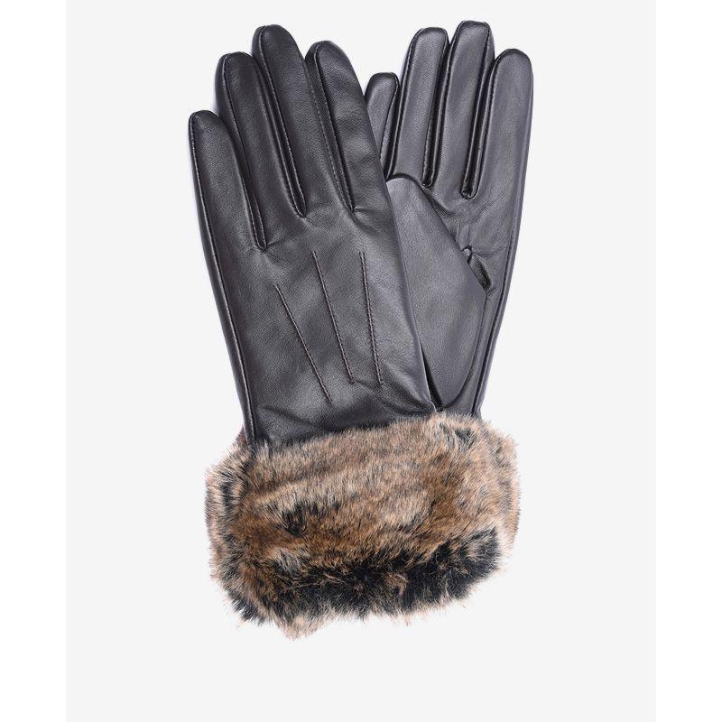 Barbour Fur Trimmed Ladies Leather Gloves - Dark Brown - William Powell