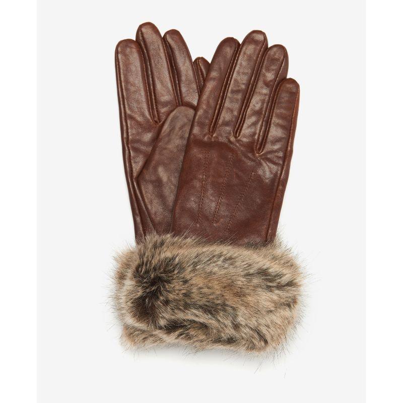 Barbour Fur Trimmed Ladies Leather Gloves - Dark Caramel - William Powell