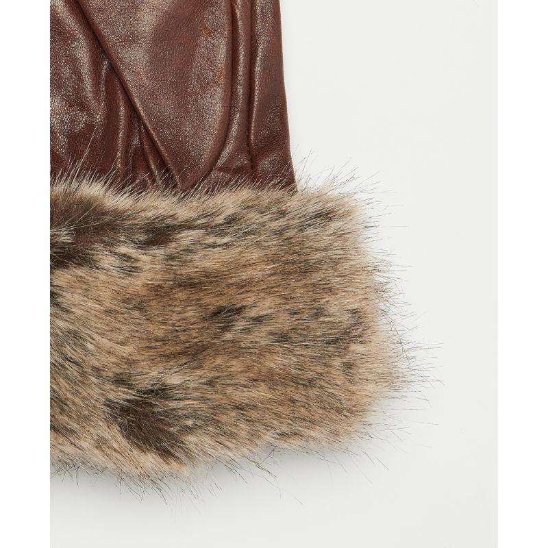 Barbour Fur Trimmed Ladies Leather Gloves - Dark Caramel - William Powell