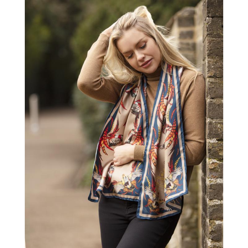 Clare Haggas Best In Show Classic Twill Silk Scarf - Toffee & Navy - William Powell