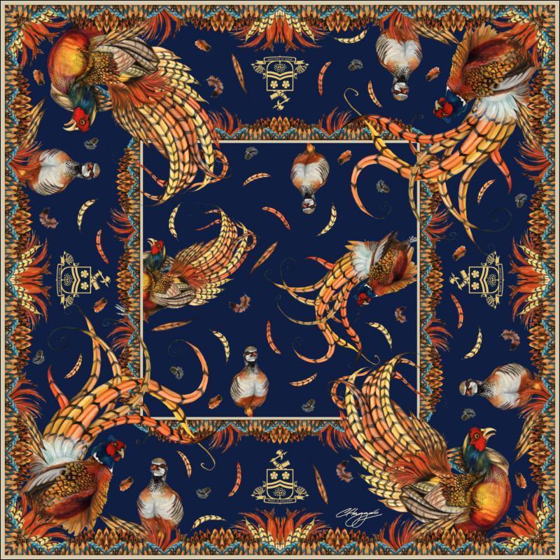 Clare Haggas Heads or Tails Large Twill Silk Scarf - Navy & Gold - William Powell
