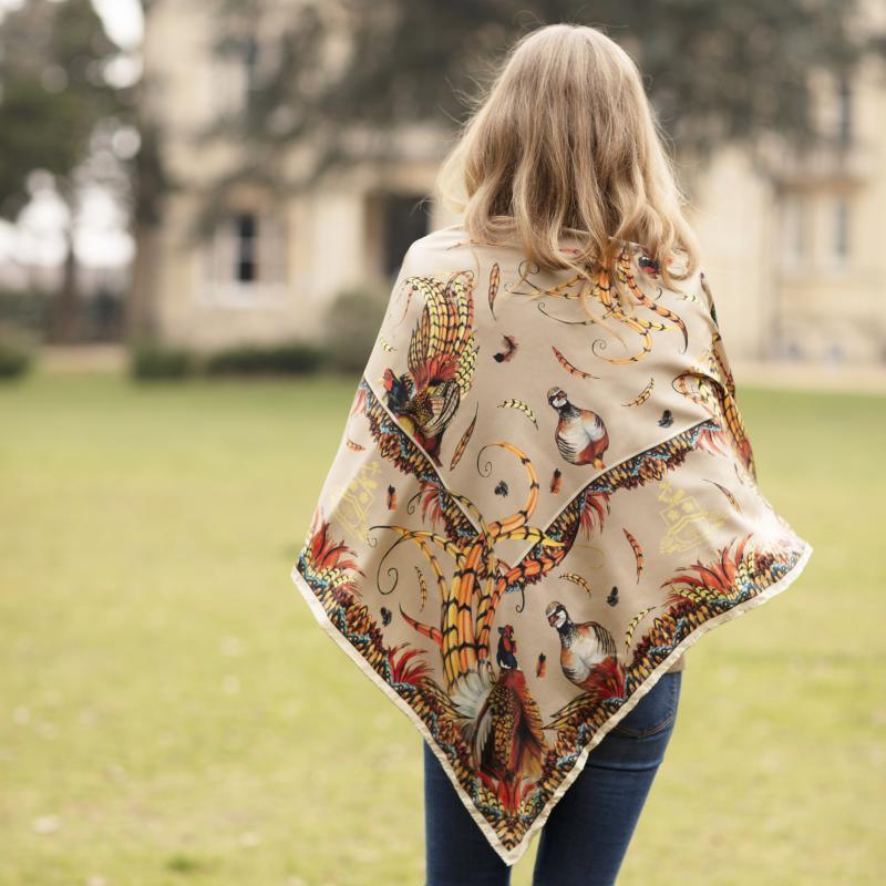 Clare Haggas Heads or Tails Large Twill Silk Scarf - Toffee & Gold - William Powell