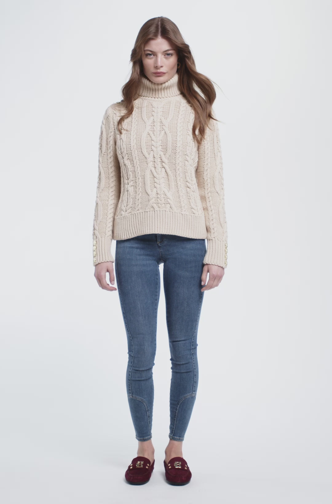 Holland Cooper Belgravia Cable Ladies Roll Neck Knit - Oatmeal
