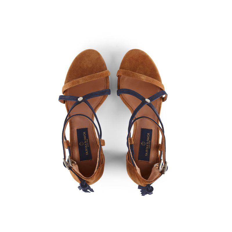 Fairfax & Favor Heeled Brancaster Ladies Sandal - Tan/Navy - William Powell