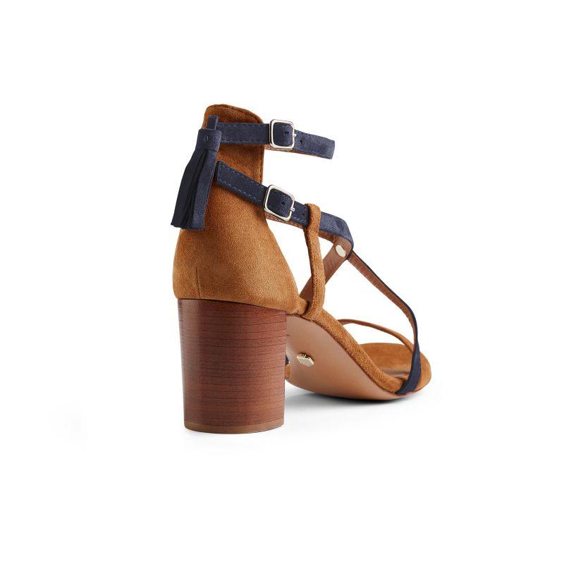 Fairfax & Favor Heeled Brancaster Ladies Sandal - Tan/Navy - William Powell