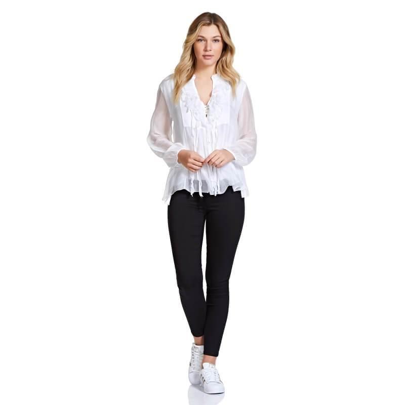 Guinea Silk Blend Ladies Ruffle Top - White (One Size) - William Powell