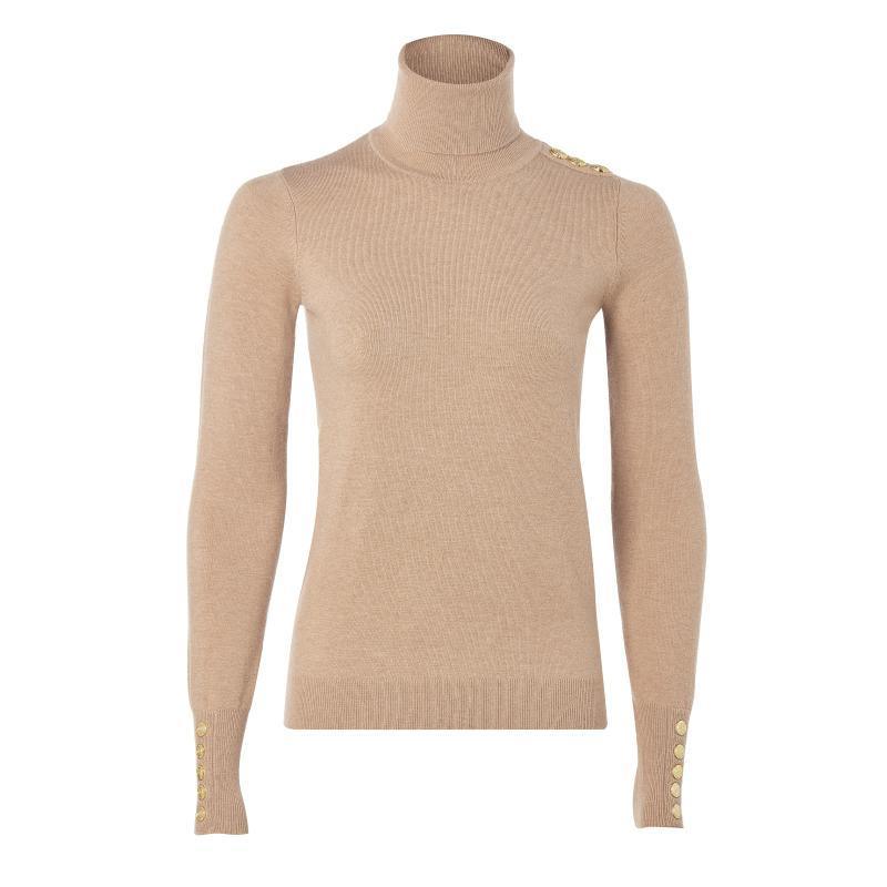 Holland Cooper Buttoned Roll Neck Ladies Knit - Dark Camel - William Powell