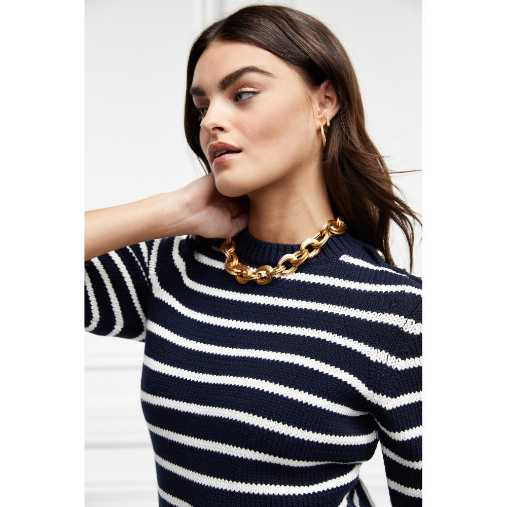 Holland Cooper Henley Striped Ladies Crew Jumper - Ink Navy/Natural - William Powell