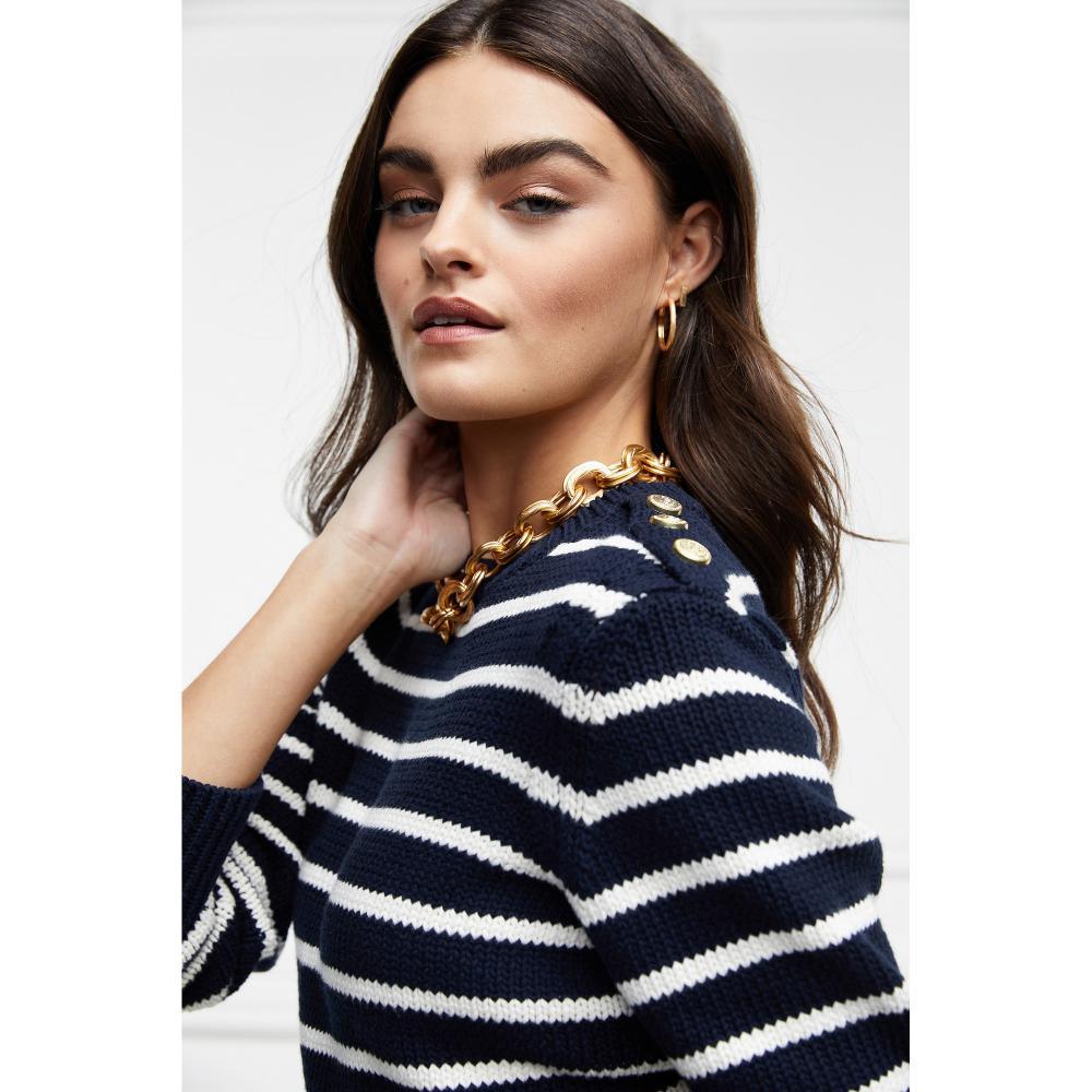 Holland Cooper Henley Striped Ladies Crew Jumper - Ink Navy/Natural - William Powell