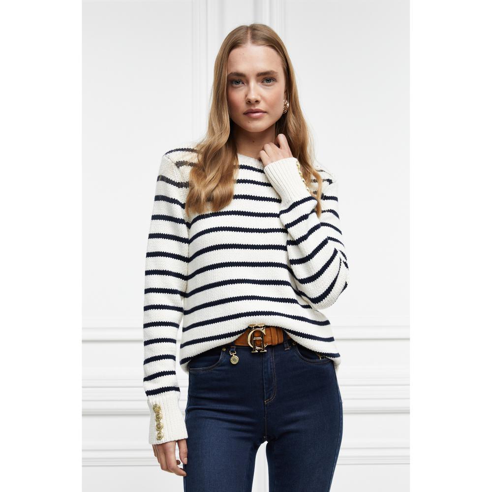Holland Cooper Henley Striped Ladies Crew Jumper - Natural/Ink Navy - William Powell