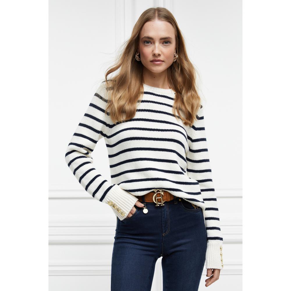 Holland Cooper Henley Striped Ladies Crew Jumper - Natural/Ink Navy - William Powell