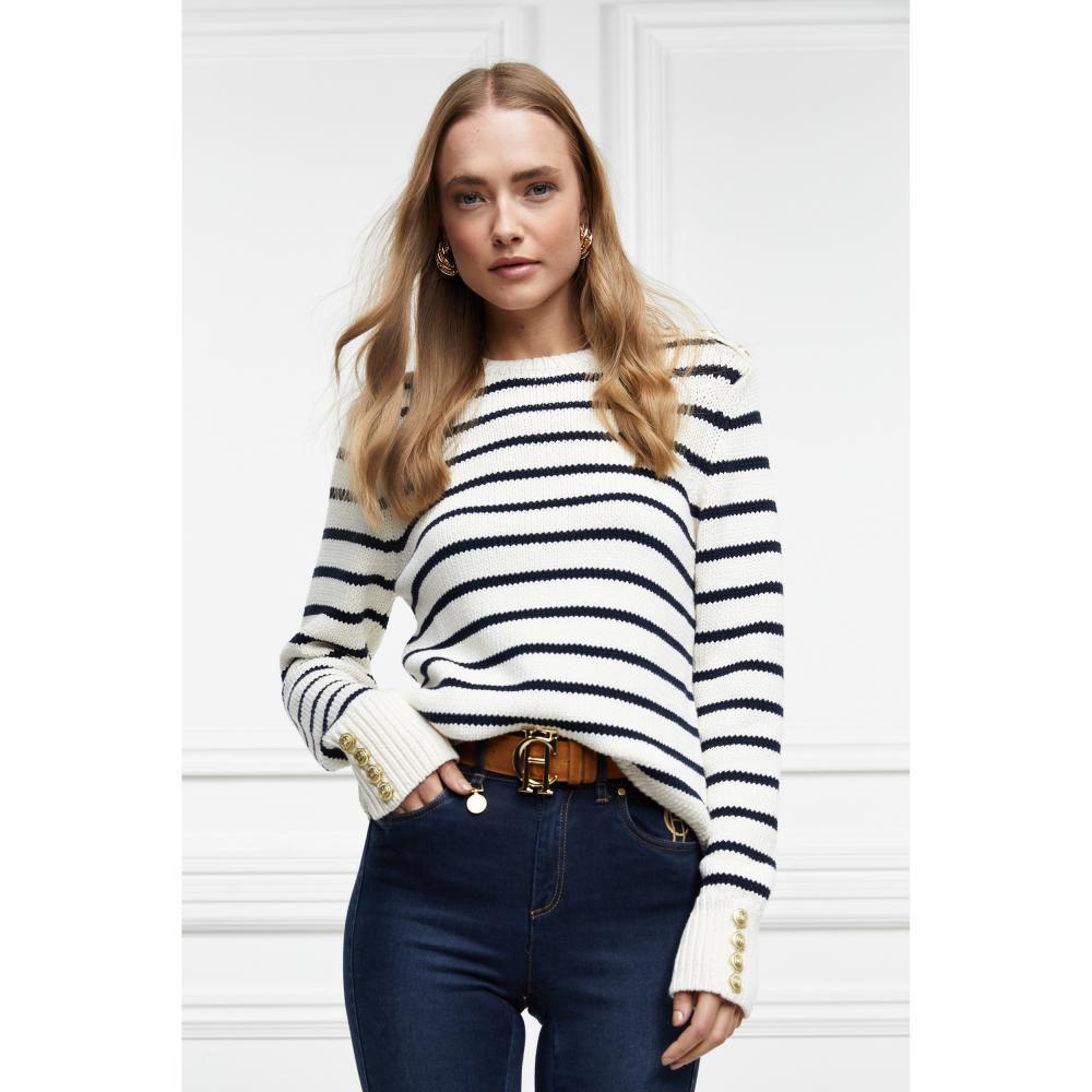 Holland Cooper Henley Striped Ladies Crew Jumper - Natural/Ink Navy - William Powell