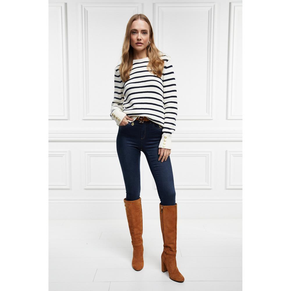 Holland Cooper Henley Striped Ladies Crew Jumper - Natural/Ink Navy - William Powell