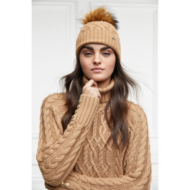 Holland Cooper Windsor Cable Ladies Bobble Hat - Camel Marl - William Powell